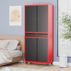 73" Metal Garage Storage Cabinet with Wheels， Rolling Tool Storage with Locking Doors， Adjustable Shelves and Drawer, Heavy Duty Steel Tool Cabinet for Garage, Warehouse, School(Red Black)