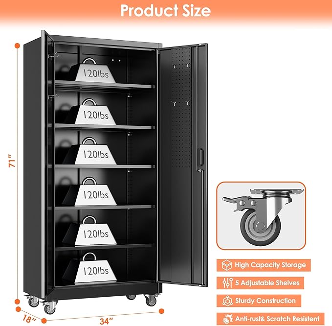 Garage Storage Cabinet with Wheels & Pegboard, Lockable Metal Storage Cabinet with Doors and 5 Adjustable Shelves for Garage Workshop Home, Assembly Required, Black, 71" H×34" W×18" D