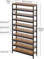 10-Tier Tall Shoe Rack Organizer, Wooden Shoe Storage for Closet Holds 40 Pairs, Sturdy Shoe Shelf with X-Shaped Metal Support, for Entryway, Bedroom, Rustic Brown and Black SS210BR