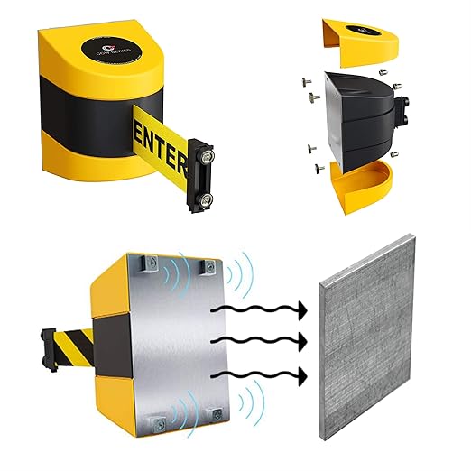 Crowd Control Warehouse - CCW Series WMB-220 Magnetic Wall Mount Retractable Belt Barrier - 15 Foot, Green Belt with Yellow ABS Case