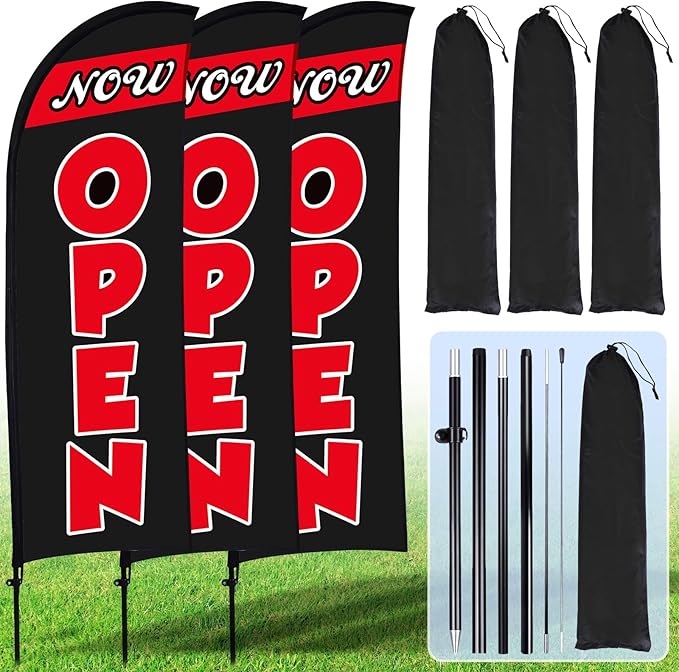 Buryeah 3 Sets Now Open Feather Flag Pole Kit for Business Advertising 7 ft Open Flag Banner Sign with Pole Kit Ground Stake and Portable Bag for Outside Ground (Black)
