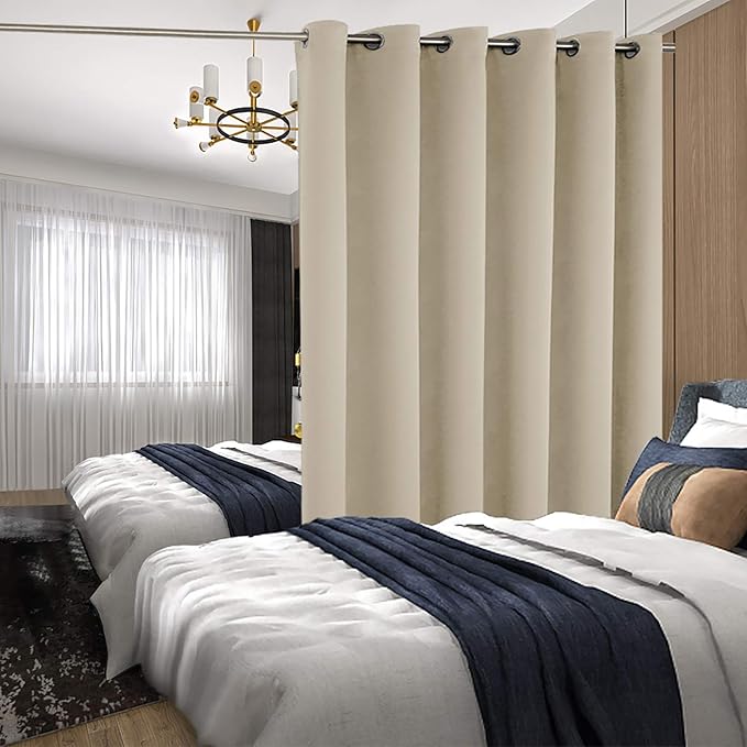 BGment Sliding Door Curtains for Patio 84 Inch Long, Room Darkening Room Divider Blackout Curtains, Extra Wide Thermal Insulated Soundproofing Window Curtains, 1 Panel, Beige, 120 Inches Wide
