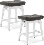 Counter Height Bar Stools Set of 2 for Kitchen Counter Farmhouse Modern Barstools with Faux Leather Upholstered Backless Seat and Solid Wood Legs 24 inch Bar Chairs, Grey + White