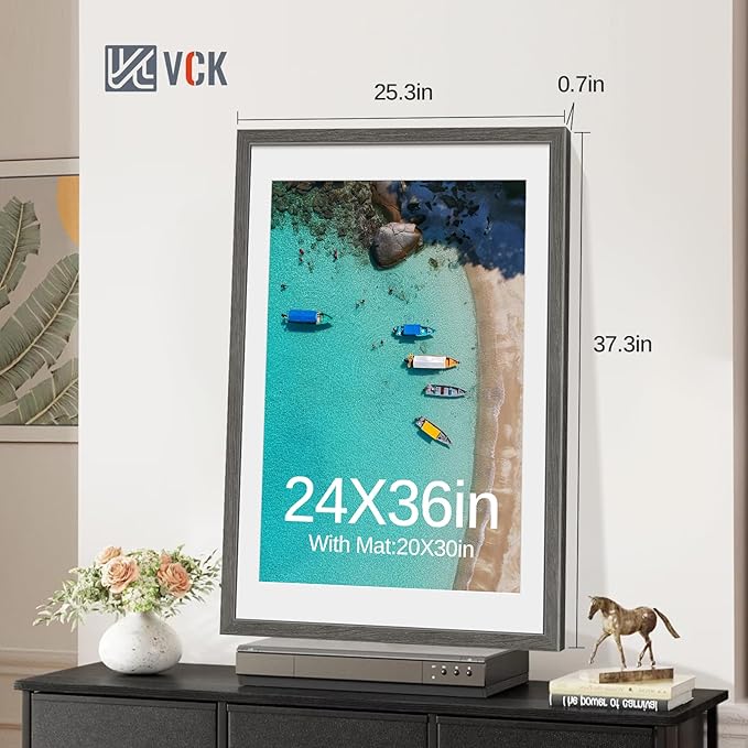 VCK 24x36 Poster Frame 2 Pack - Grey, High-End Wood Picture Frames with Polished Plexiglass, Display 20x30 Photo with Mat or 24x36 without Mat, Art Gallery-Quality, Wall Hanging, Grey
