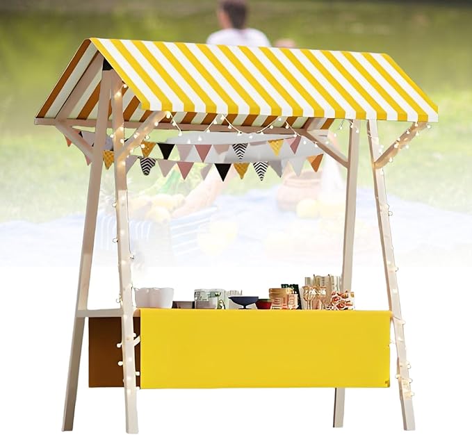 Collapsible Mobile Market Stall Carts Vendor on Wheels, Wood Outdoor Vendor Cart, Easy to Assemble for Parties, Birthdays, Weddings, Bar(Yellow1,120cm/47.2in)