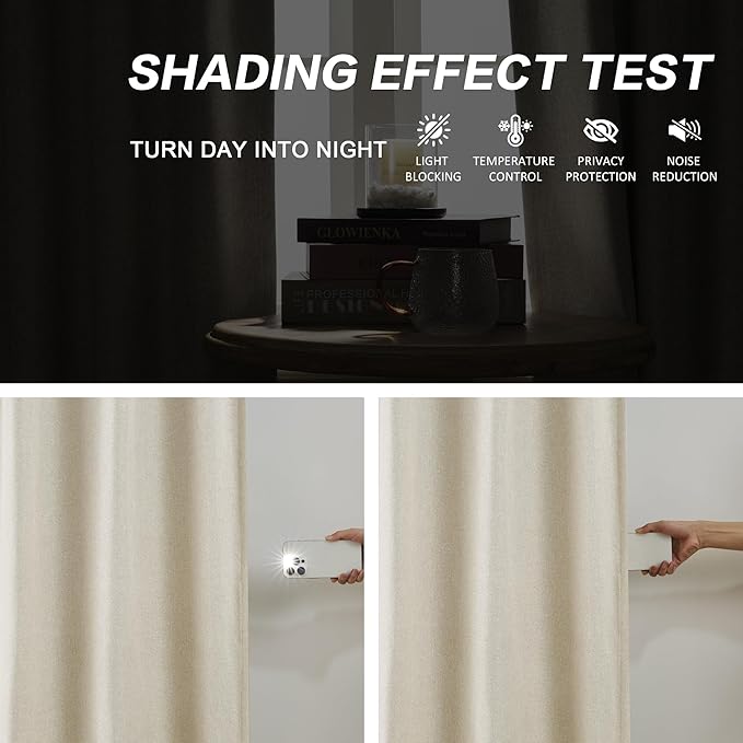 DUALIFE Natural Blackout Pinch Pleated Curtains for Bedroom 105 Inch Length, Linen Blended Farmhouse 100% Blackout Thermal Insulated Back Tab Drapes with Hooks for Track System 2 Panels-W50xL105