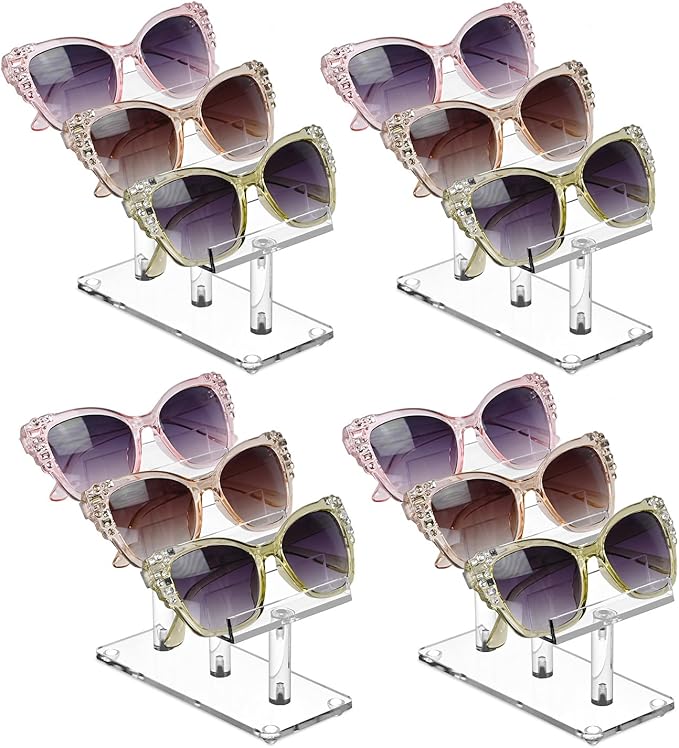 MOOCA 4 Pcs Set, 3 Tier Premium Acrylic Eyewear Display Stand, Sunglasses Rack Holder, Sunglasses Stand, Eyewear Organizer for Eyeglasses, 5 in H