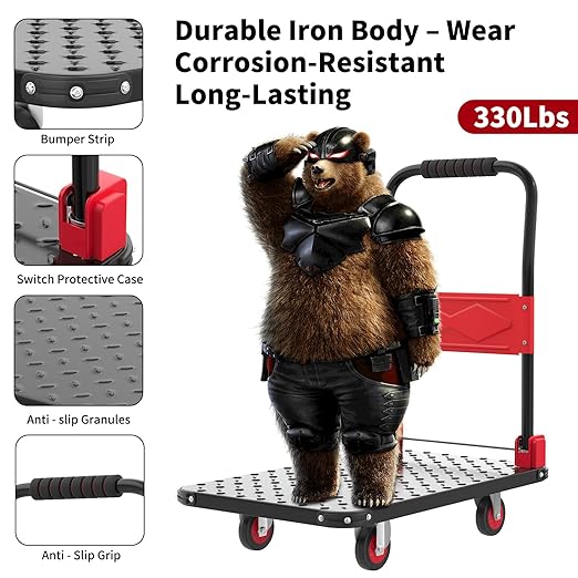 Foldable Push Cart Dolly, 330lbs Flat Bed Carts with Wheels & Anti-Collision Strips, Heavy Duty Platform Truck for Household Tasks, Moving, 360° TPR Mute Wheels for Easy Maneuver, Black Red