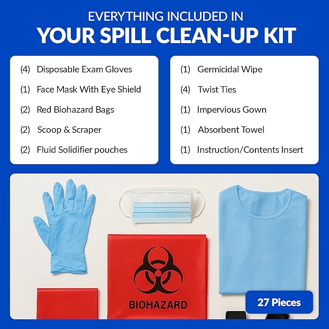 School Health 27‑Piece Bodily Fluid Spill Clean Up Kit – Bloodborne Pathogen Protection with PPE, Biohazard Bags & Wipes – OSHA Compliant Response Kit for Schools, Clinics & Infectious Materials