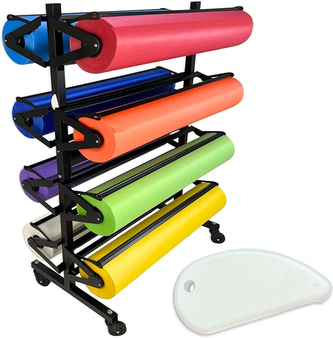 Paper Roll Holder, Dispenser Rack and Cutter - 8 Racks for Large, 36" Butcher, Craft, Gift Wrap & Art Kraft Rolls – Durable, Mobile Rolling Organizer with Ceramic Blade for Classroom, Studio & Retail