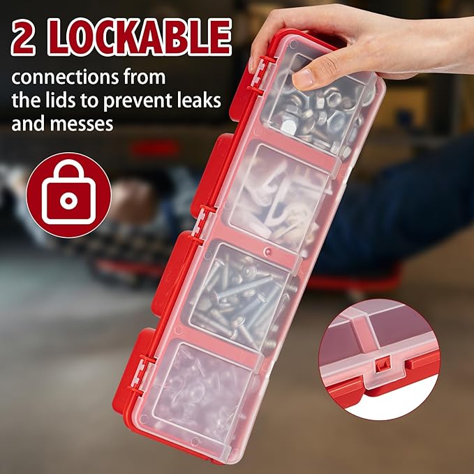 Hushee 6 Pcs Screw Organizer Box with Lid 4 Compartments Tool Bin Divider Plastic Stackable Hardware Organizer Small Part Storage Sorting Screw Box for Garage Workbench Craft Storage (Red)