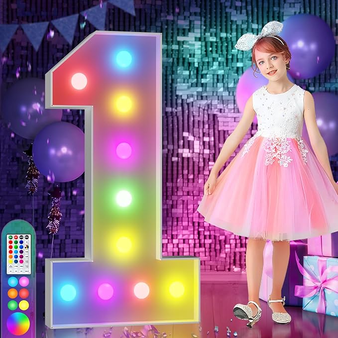 imprsv 4FT Colorful Marquee Numbers,18 Colors with Remote, Light Up Numbers 1 for 1st 10th Birthday Decorations Anniversary Party Decor, Pre-Cut Foam Board Kit, Mosaic Sign for Balloon