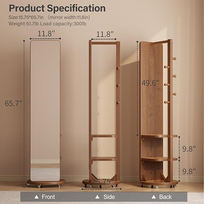 WoodsWhisper Full Length Mirror Coat Rack Solid Wood Floor Mirror 66"x12" Full Length Mirror with Stand Long Mirrors for Bedroom,Living Room