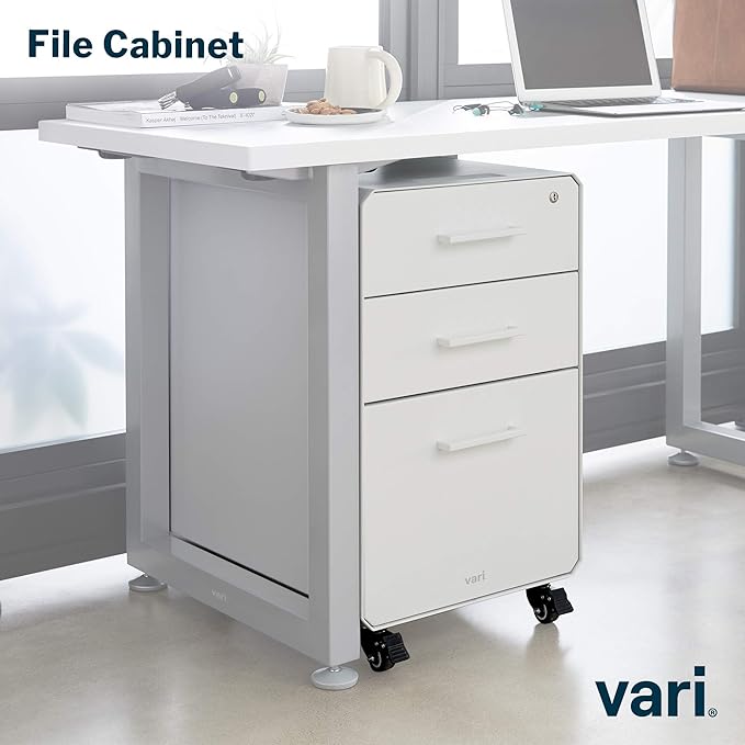 Vari File Cabinet for Office Storage with Three Drawers - Roll & Lock Caster Wheels (White)