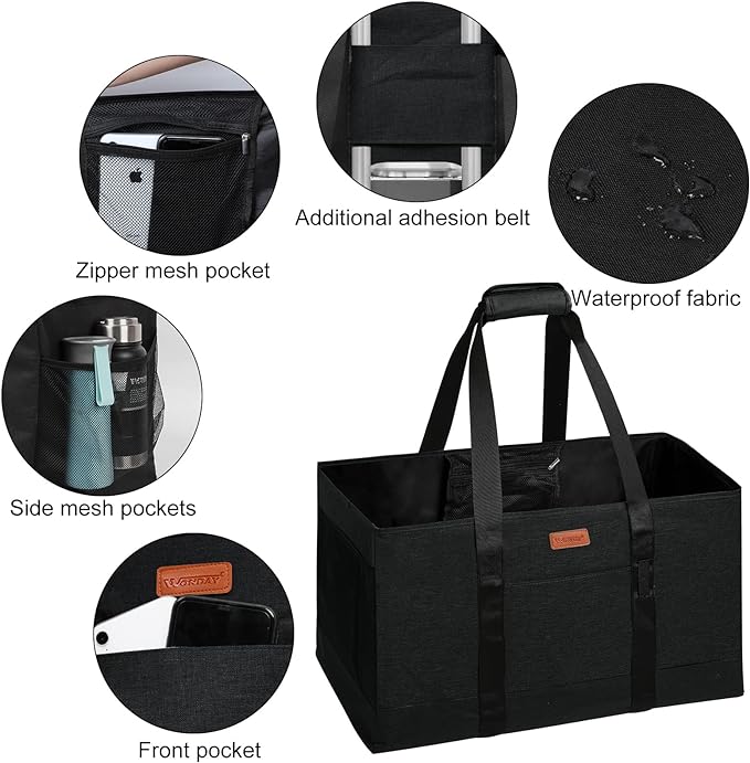 WONDAY Large Utility Tote Bag, Reusable Grocery Bags Collapsible Tote, Large Tote Bag With Handles Utility Tote Shopping Bags for Groceries, Storage, Picnic, Beach, Pool (Black)