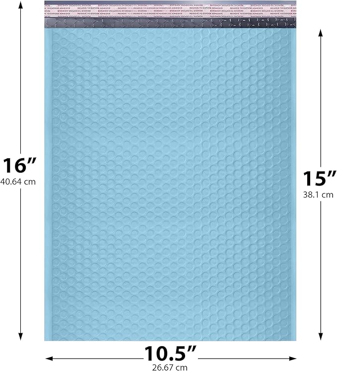 Light Blue 10.5x16 Inch Large Poly Bubble Mailers #5 | Padded Envelopes with Self Seal | Air Lined Cushioned Bubble Mailer | Usable Size 10.5x15 | 100 Pack Bulk | Lightweight shipping Bags