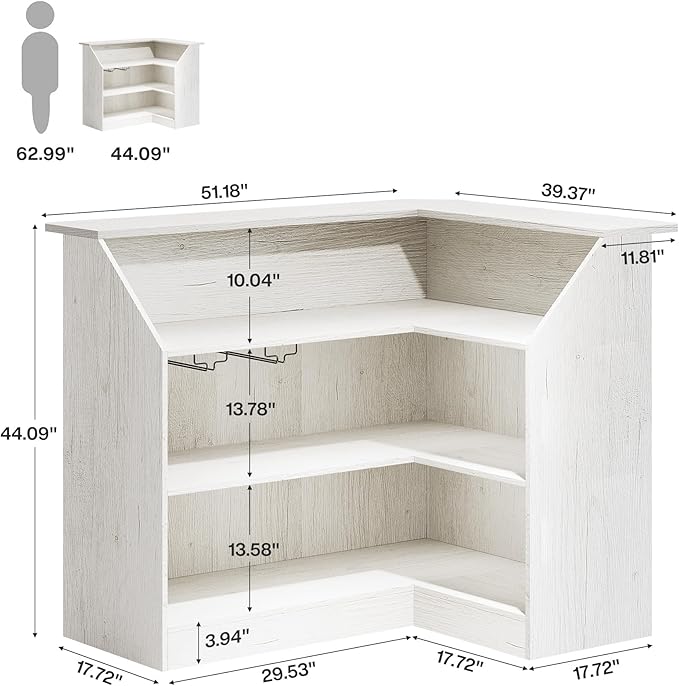 Tribesigns Bar Cabinet, L-Shaped Home Bar Table with Stemware Racks, 4-Tier Corner Bar Unit Liquor Wine Bar Table Reception Desk for Home Pub, White