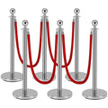 6Pack Silver Stanchion Post, 5 ft Red Velvet Rope Red Carpet Ropes and Poles, Stainless Steel Stanchions for Grand Opening Casino Theme Party Decorations Crowd Control Barriers