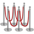 6Pack Silver Stanchion Post, 5 ft Red Velvet Rope Red Carpet Ropes and Poles, Stainless Steel Stanchions for Grand Opening Casino Theme Party Decorations Crowd Control Barriers