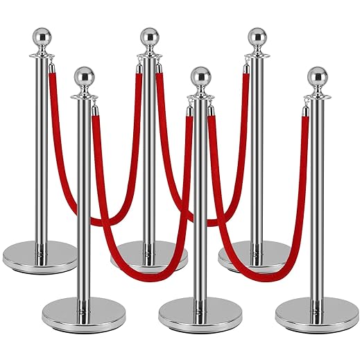 6Pack Silver Stanchion Post, 5 ft Red Velvet Rope Red Carpet Ropes and Poles, Stainless Steel Stanchions for Grand Opening Casino Theme Party Decorations Crowd Control Barriers