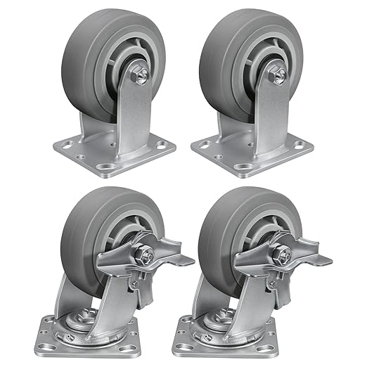 5'' × 2'' Caster Wheels, Heavy Duty Industrial Casters Set of 4 Rubber Wheels, Load 2800lbs Capacity, Swivel Caster for Cart Dolly Toolbox (2 Brake & 2 Rigid)