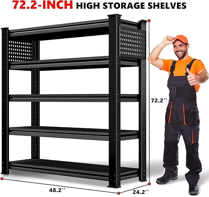 SILVEL 48.2" W Garage Shelving, 5000LBS Heavy Duty Metal Shelving, 2025 Solid Storage Shelves with 2 Side Pegboards, Industrial 5 Tier Shelves for Basement Pantry Warehouse Supermarket, 6 Pack