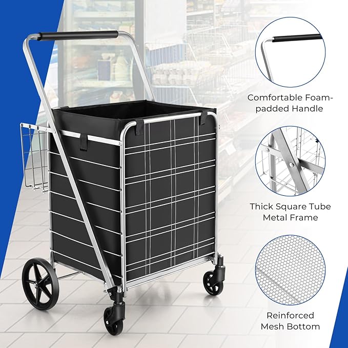 Goplus Shopping Cart for Groceries, Jumbo Upgraded Folding Grocery Cart with Waterproof Liner, 330 LBS Weight Capacity, 360° Swivel Wheels, 33 Gal Double Basket, Heavy Duty Foldable Utility Cart