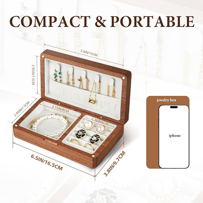 LadyRosian Wooden Small Jewelry Box - Mini Wood Travel Jewelry Case Portable Organizer for Rings, Earrings, Necklaces & Bracelets Storage Women Girls Men,Sapele