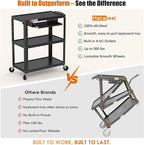 Extra-Large 3-Tier Utility Cart with Built-in Power Strip – Heavy-Duty 14-Gauge Steel Rolling Cart for Office, Workshop, or Classroom – 300 Lb Capacity (34" x 18" x 41.75")
