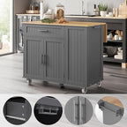 43.3" Rolling Kitchen Island Cart with Drop Leaf & Storage - Mobile Kitchen Organizer with Wheels, Rubberwood Top, Trash Bin Cabinet & Towel Rack, Farmhouse Style for Small Spaces Grey