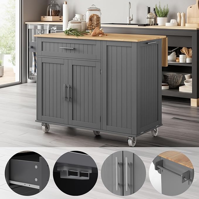 43.3" Rolling Kitchen Island Cart with Drop Leaf & Storage - Mobile Kitchen Organizer with Wheels, Rubberwood Top, Trash Bin Cabinet & Towel Rack, Farmhouse Style for Small Spaces Grey