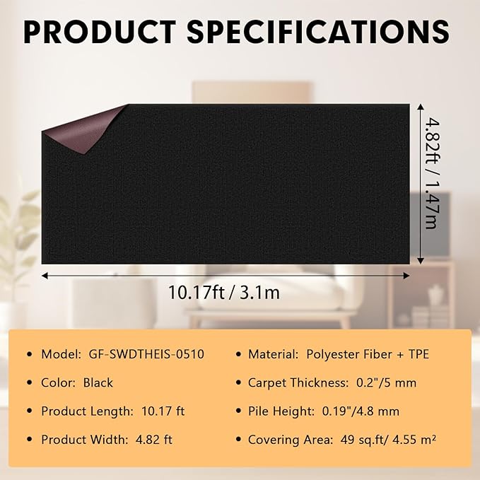 Marine Carpet,5 FT x 10 FT Black Indoor Outdoor Carpet 0.2" Thick Boat Carpet with Water-Proof TPE Backing, Non-Slide Outdoor Marine Carpet Roll for Home, Patio, Porch, Deck
