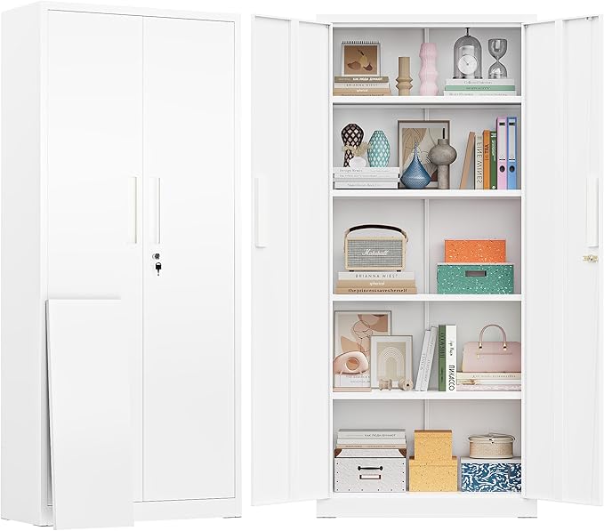 Greenvelly Metal Storage Cabinet, 63" H Locking Metal Storage Cabinet with Doors and 4 Shelves, Lockable Steel Cabinets for Kitchen, Bedroom, Living Room, Office (White)