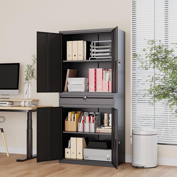 Metal Storage Cabinet with with Drawer, Garage Storage Cabinet with Locking Doors and Adjustable Shelves for Garage, Home Office,Warehouse (Black)