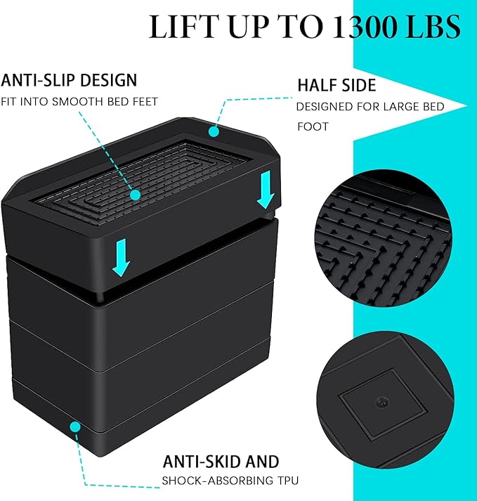 Furniture Risers 4 inch, Heavy Duty Furniture Elevator in Heights of 1.5, 3 or 4 Inch，Rectangle Raising Blocks for Bed, Couch, Desk, Sofa, Tables,Support Up to 1,300 Lbs (4 Pack-Black)