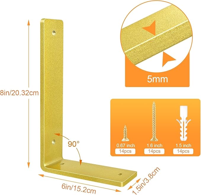 Gold Floating Shelf Bracket 8 Inch, 6 Pack Heavy Duty Shelf Brackets, Wall Shelf Bracket for DIY Decorative with Mounting Hardware