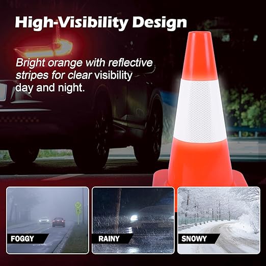 6 Pack 18 Inch Orange Reflective Traffic Cones, Black Base PVC Safety Cones for Construction Sites, Parking Control and Hazard Marking (6, Orange, 18 Inch)