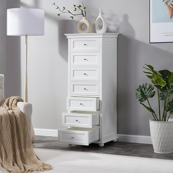 Tall White Dresser for Bedroom with 7 Drawers, 52" Tall Chest of Drawers Modern Wooden Lingerie Chest with Crown Molding and Solid Wood Ball Legs, Anti-0xidation Zinc Alloy Knob(White)