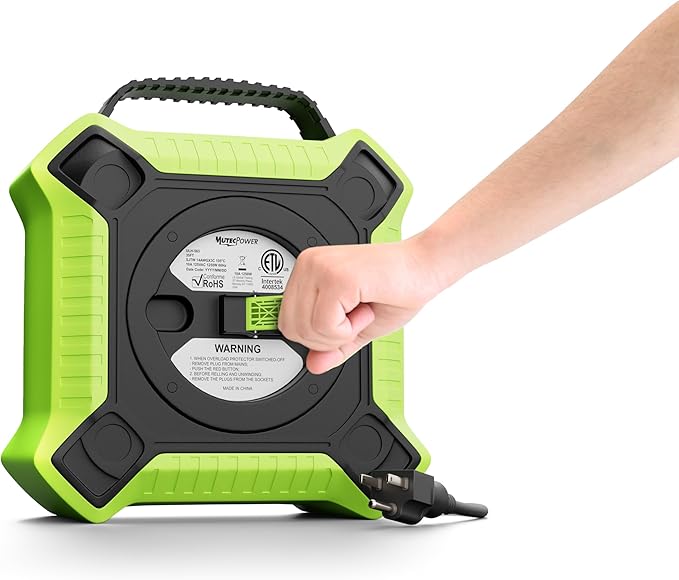 45 FT Retractable Extension Cord Reel Heavy Duty 14AWG/3C SJTW Power Cord Reel with 4 Electrical outlets for Garage and Shop, 10 Amp Circuit Breaker ETL Listed