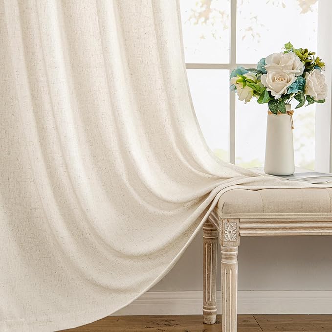MIULEE Non-See-Through Privacy Linen Curtains 2 Panels, Light Filtering Window Curtains Farnhouse Textured Back Tab Semi Sheer Drapes for Bedroom Living Room, 52 x 63 Inches Long, Ivory