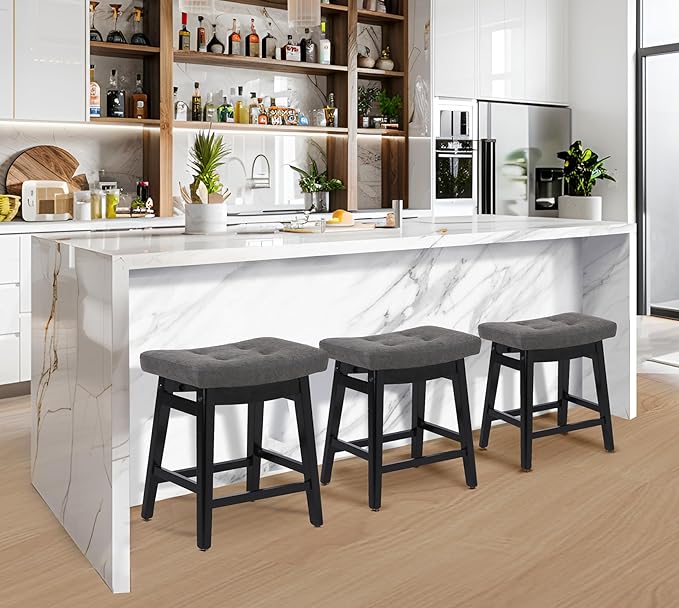 Counter Height Bar Stools Set of 6 for Kitchen Counter Farmhouse Modern Barstools with Faux Leather Upholstered Backless Seat and Solid Wood Legs 24 inch Bar Chairs, Grey + Black