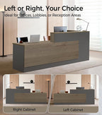Modern L-Shaped Reception Desk with Counter - 79 inch Front Desk Reception Counter with Open Shelves, Lockable Drawer & Keyboard Tray for Office, Lobby, Checkout (Tobacco Wood + Iron Gray - Right)