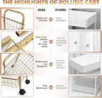 3 Tier Mesh Rolling Utility Cart, Gold Metal Organization Cart with Lockable Wheels, Multifunctional Storage Trolley Service Cart for Kitchen Living Room Office Salon