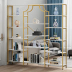 Loomie Triple Wide Bookshelf, 70.87" W/H Large Tall Etagere Bookcase, Modern 13-Open Shelves Geometric Bookshelf, Display Storage Metal Book Case, for Bedroom, Home Office & Living Room, Gold & White