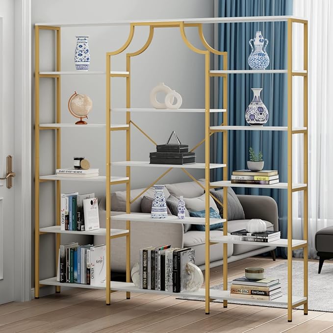 Loomie Triple Wide Bookshelf, 70.87" W/H Large Tall Etagere Bookcase, Modern 13-Open Shelves Geometric Bookshelf, Display Storage Metal Book Case, for Bedroom, Home Office & Living Room, Gold & White