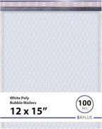 White Large Poly Bubble Mailers 12x15 inch | Self Seal Padded Envelopes Cushioned Bubble Mailer | Usable Size 12x15 | WaterProof | Lightweight mailing Shipping Bags | 100 Pack Bulk | USA Made