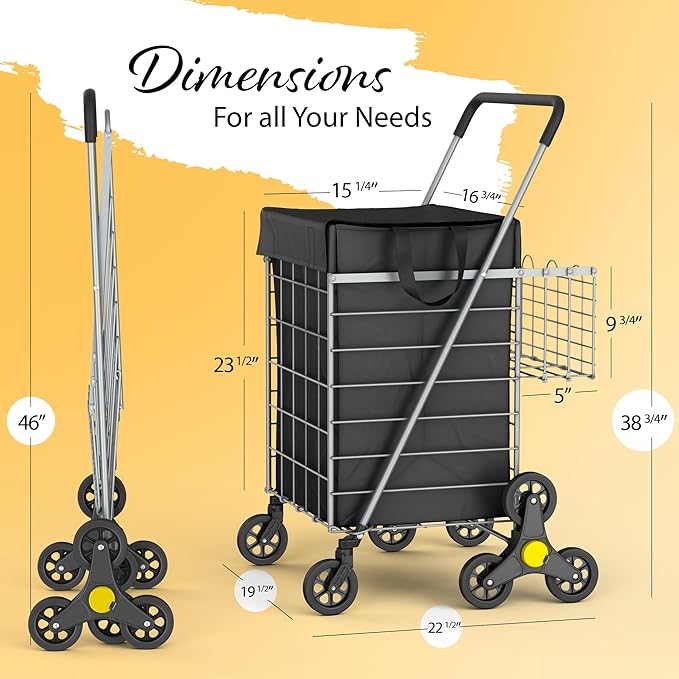 Stairs Climbing Shopping Cart w/Waterproof Basket Liner & 360° Swivel Wheels | Foldable Collapsible & Lightweight | Perfect for Groceries Laundry Utility Cart - Silver