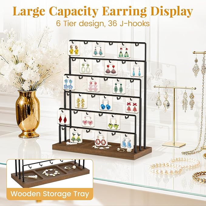 EsLuker.ly Earring Card Display Stand for Vendors Events Selling, Earring Holder Rack Metal 6 Tier 36 Hooks with Wooden Base, Large Capacity Showcase Your Jewelry at Any Event, Black