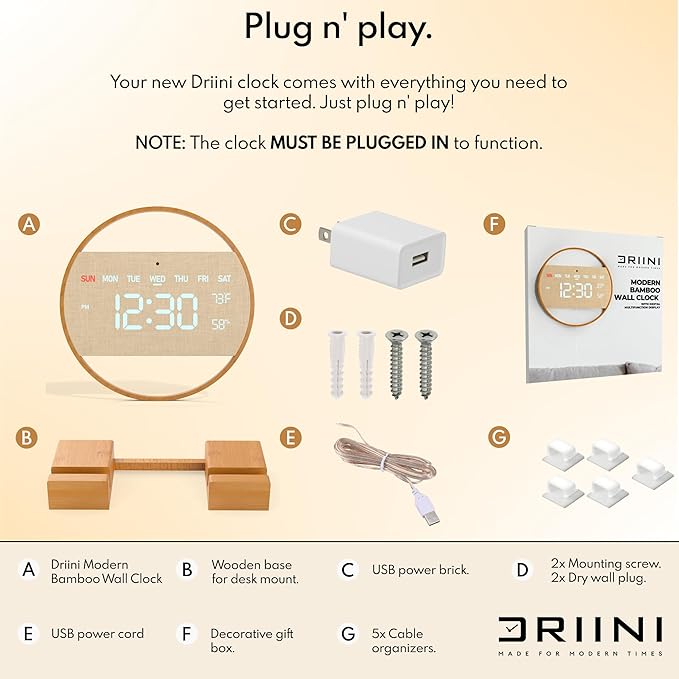 Driini Modern Large Digital Wall Clock - Bamboo Wood with Large LED Display- Day of Week, Time, Temperature, and Humidity - Aesthetic Living Room Clock or Office Wall Clock - Desk or Wall Mount.