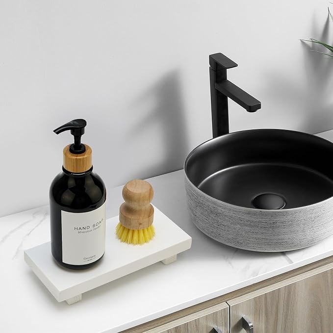 White Bathroom Counter Tray Organizer Small Wooden Risers Pedestal Stand Kitchen Soap Dish Dispenser Holder for Bathroom Counter Decor Farmhouse Wood Bathroom Sink Accessories Modern Vanity Tray